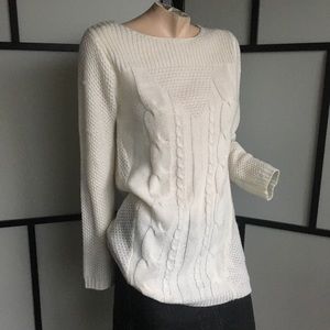 White Boat Neck Cable Knit Sweater by Indigo